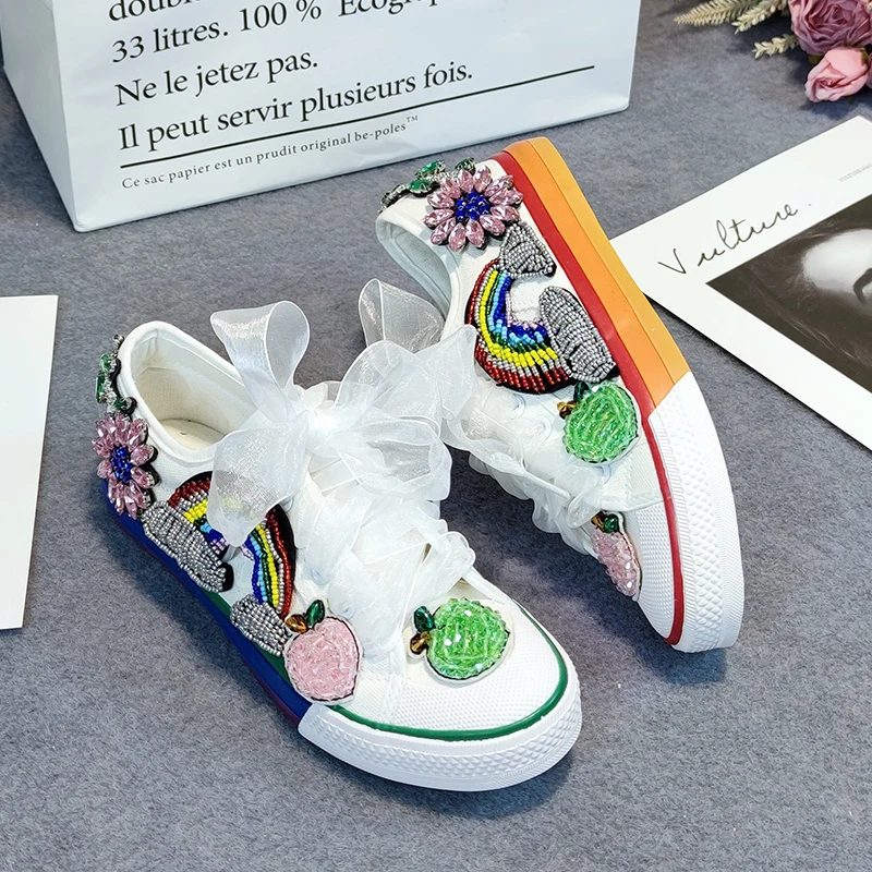 Handmade Fashion 2021 Spring Rainbow Platform Women Sneakers Flower Crystal Wedding Flats Ribbon Rhinestones Casual Canvas Shoes