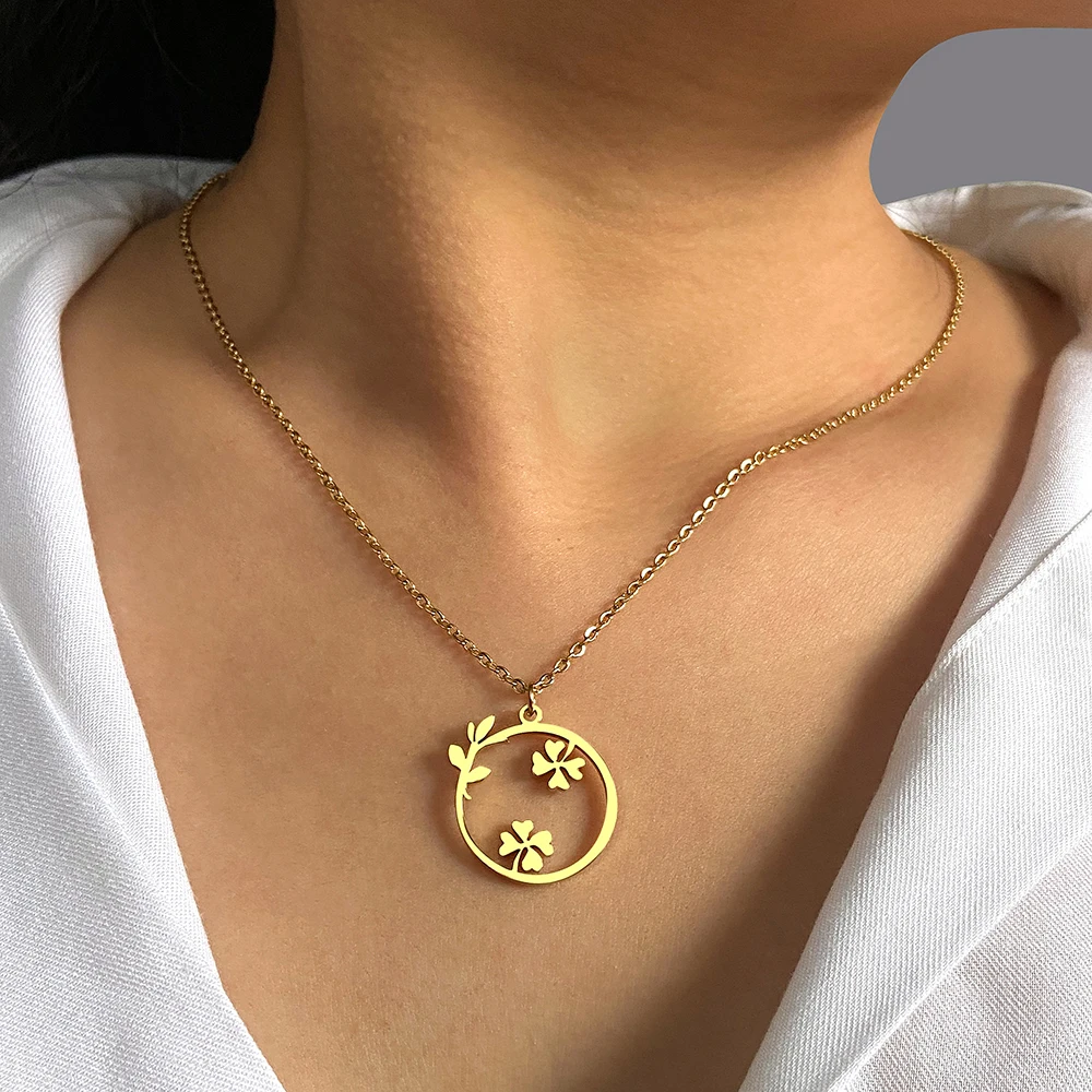 Stainless Steel Necklaces Classic Clover Wreath Pendant Chain Collar Fashion Necklace For Women Men Jewelry Party Gift One Piece image 6