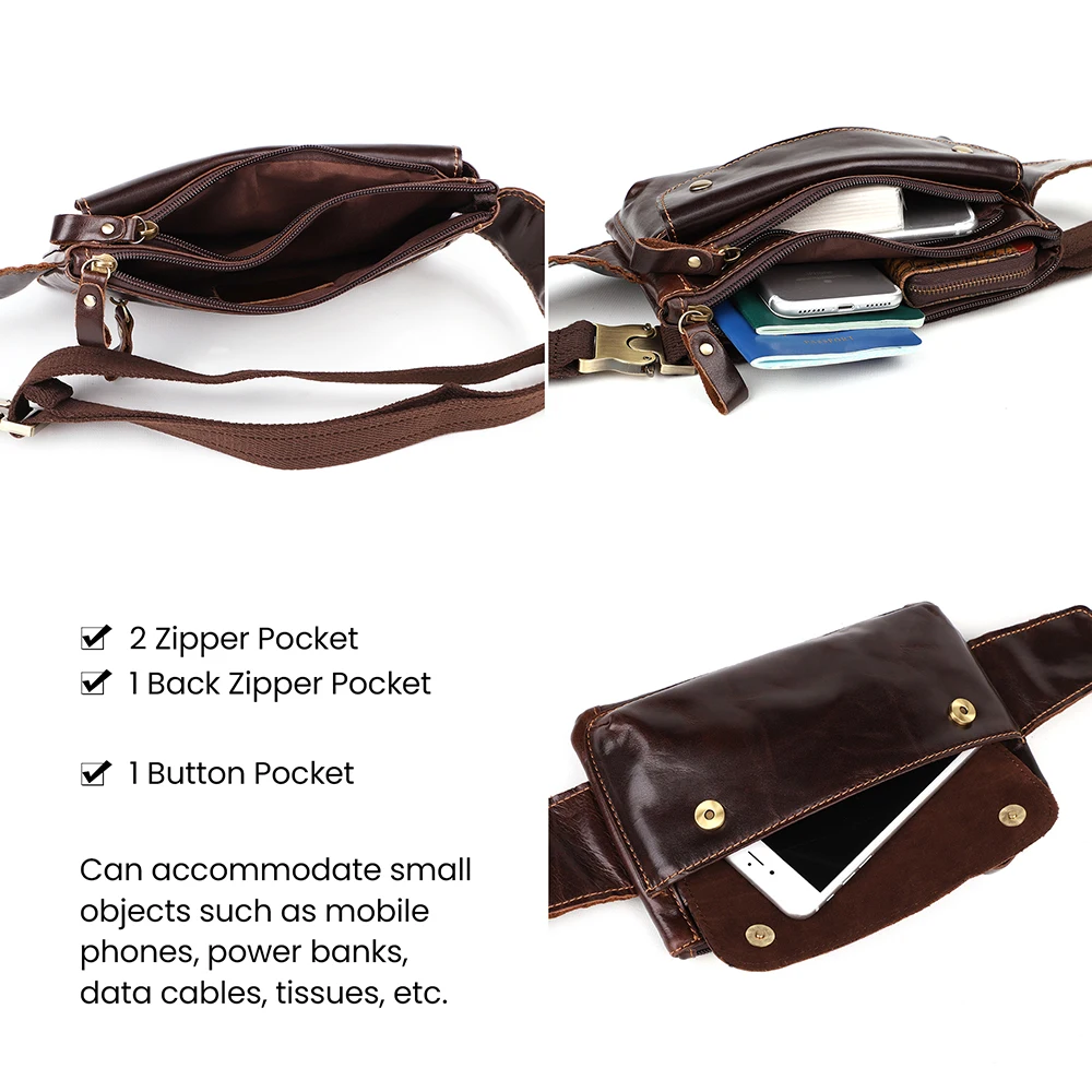 JOYIR Cow Leather Men Waist Bag Vintage Small Fanny Pack Male Belt Pouch Bag Casual Cell Phone Chest Bag for Travel Running