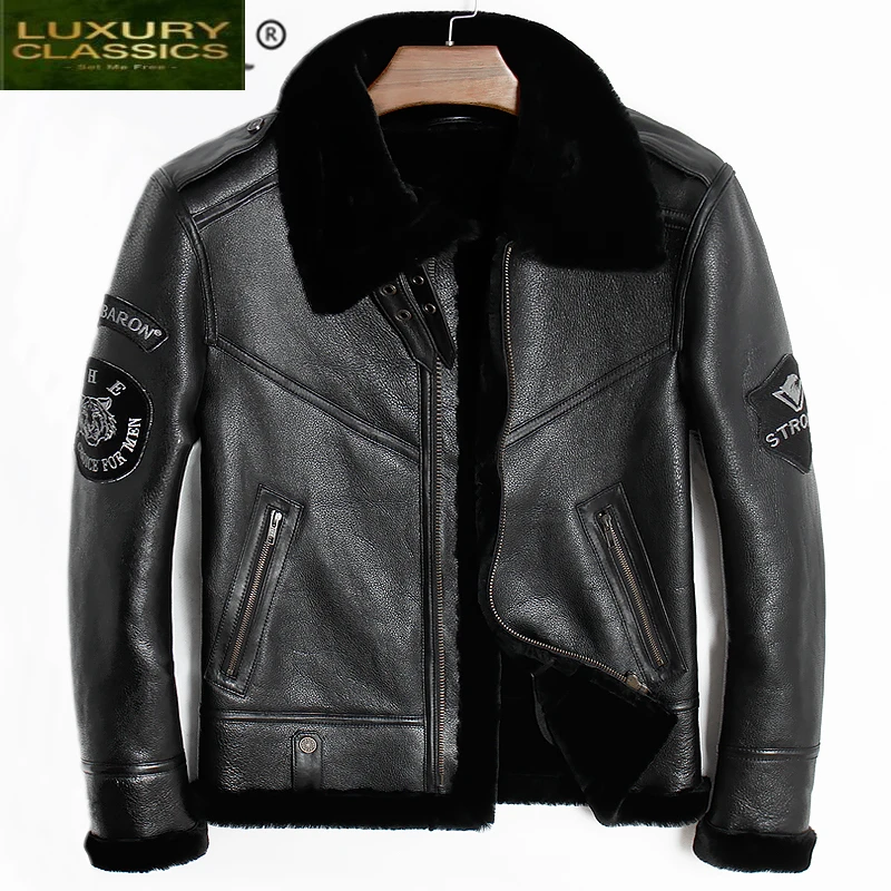 

Genuine Leather Jacket Streetwear Men Jaqueta De Couro 2021 Real Sheep Shearling Coat Thick Warm Wool Liner Outerwear 801