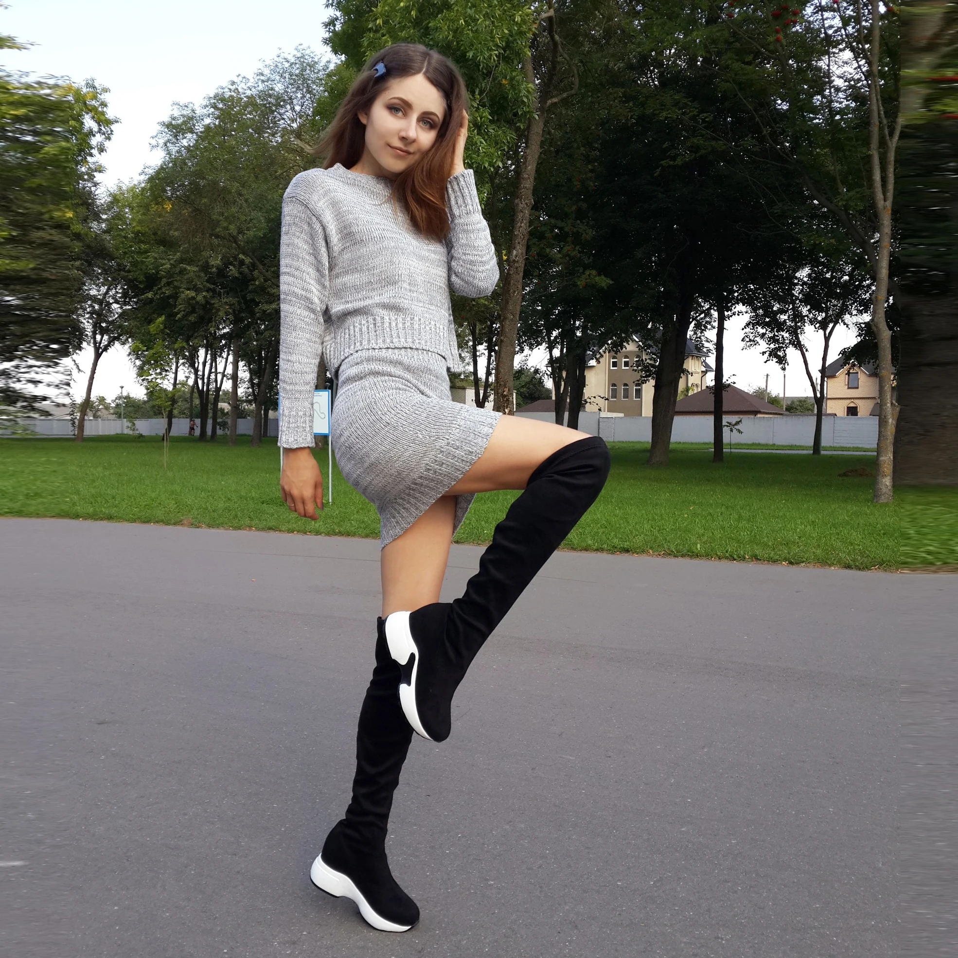 QUTAA 2024 Stretch Fabrics Over The Knee Boots Height Increasing Round Toe Women Shoes Autumn Winter Casual Long Boots Size34-43