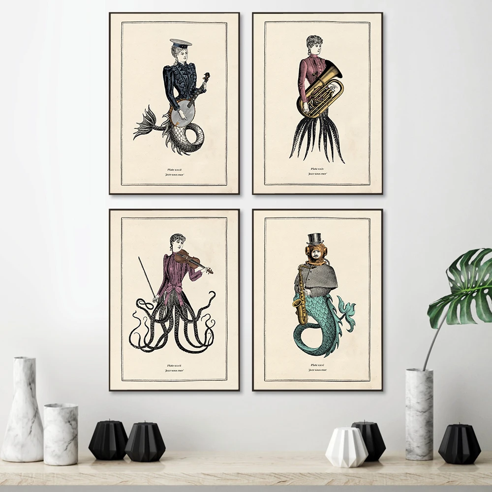 Funny Sea Monster Musical Canvas Painting Vintage Octopus Print Toilet Cloakroom Posters Punk Bathroom Wall Art Pictures Decor