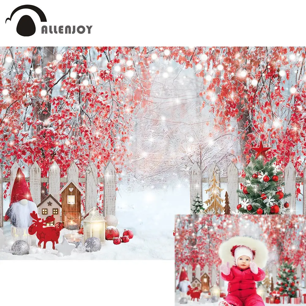 Allenjoy Winter Christmas Forest Backdrop Red Berries Tree Snowy Wonderland Background Birthday Party Banner Photo Booth Props