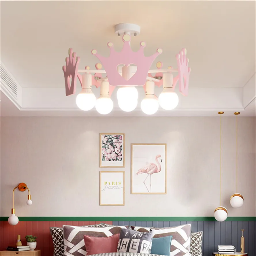 Nordic ins girl crown suction pendant lights Korean garden bedroom hanging lamp princess children room suspension lighting led