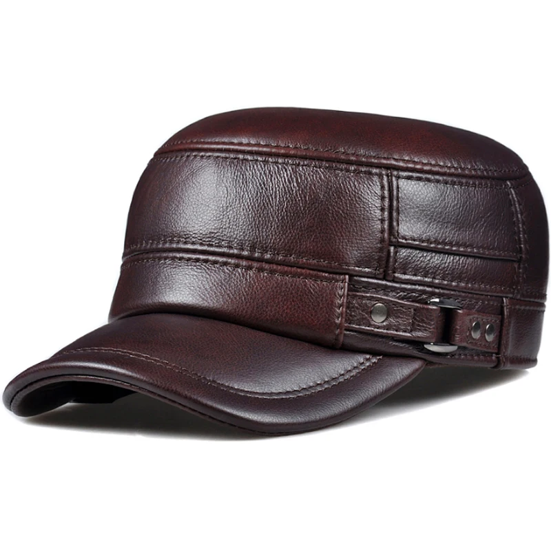 Gorra de cuero genuino para hombre, gorro plano, cálido, militar, elegante, británico, Vintage, de cuero de vaca