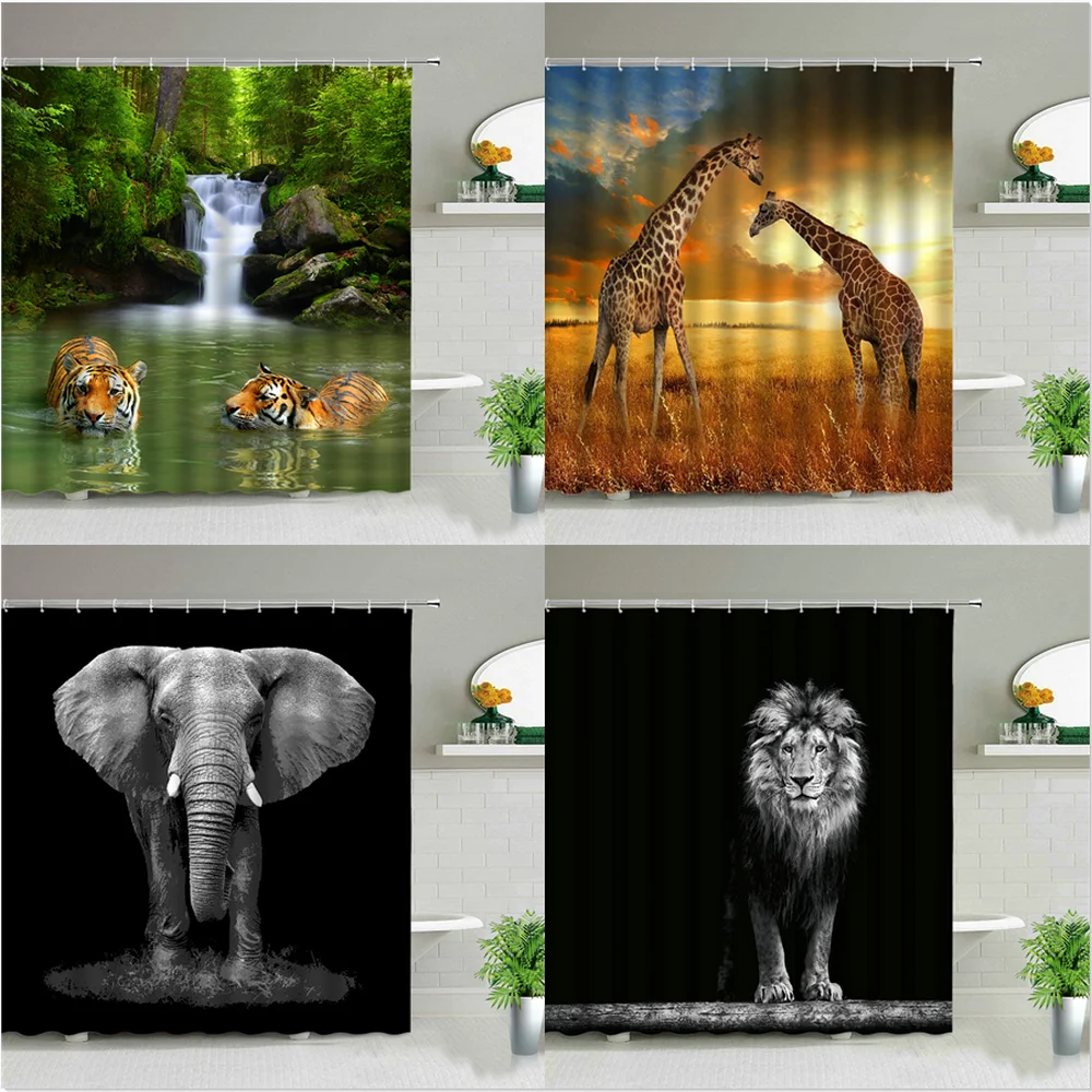 African Animal Elephant Lion Tiger Giraffe Pattern Shower Curtain Leopard Wolf Bathroom Bathtub Decor Gift Waterproof Curtains