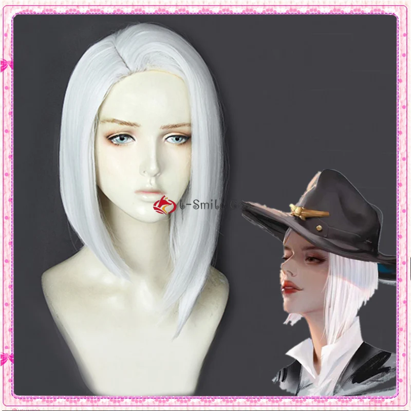 

OW Ashe Cosplay Wig White Short Side Part Straight Wig Women Hair Heat Resistant Hair Wigs + Wig Cap