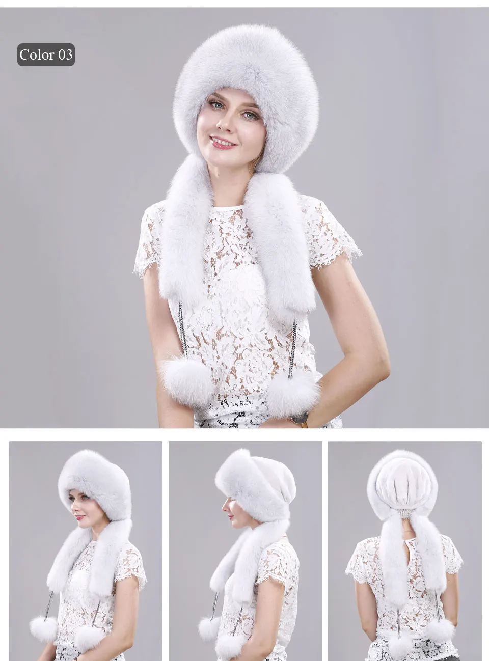 Echte Fuchspelzmütze mit Kaninchenfell-Oberteil, Wintermützen für Mädchen mit langen Pompons, Russische Trappermützen, Bombermützen, Bonnets für Frauen – Detail 5