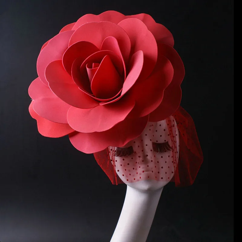 Red Black Rose Big Flower Veil Headgear Women Singer Dancer Stage Party Show Performance Accessories