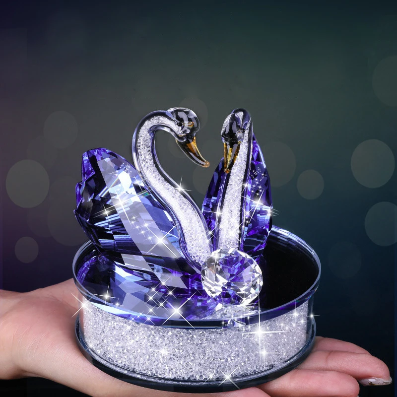 Exquisite Handmade Crystal Swan Crystal Animal Figurines Glass Car Ornament Decor Couple Swan With Base Home Decor Xmas Gift