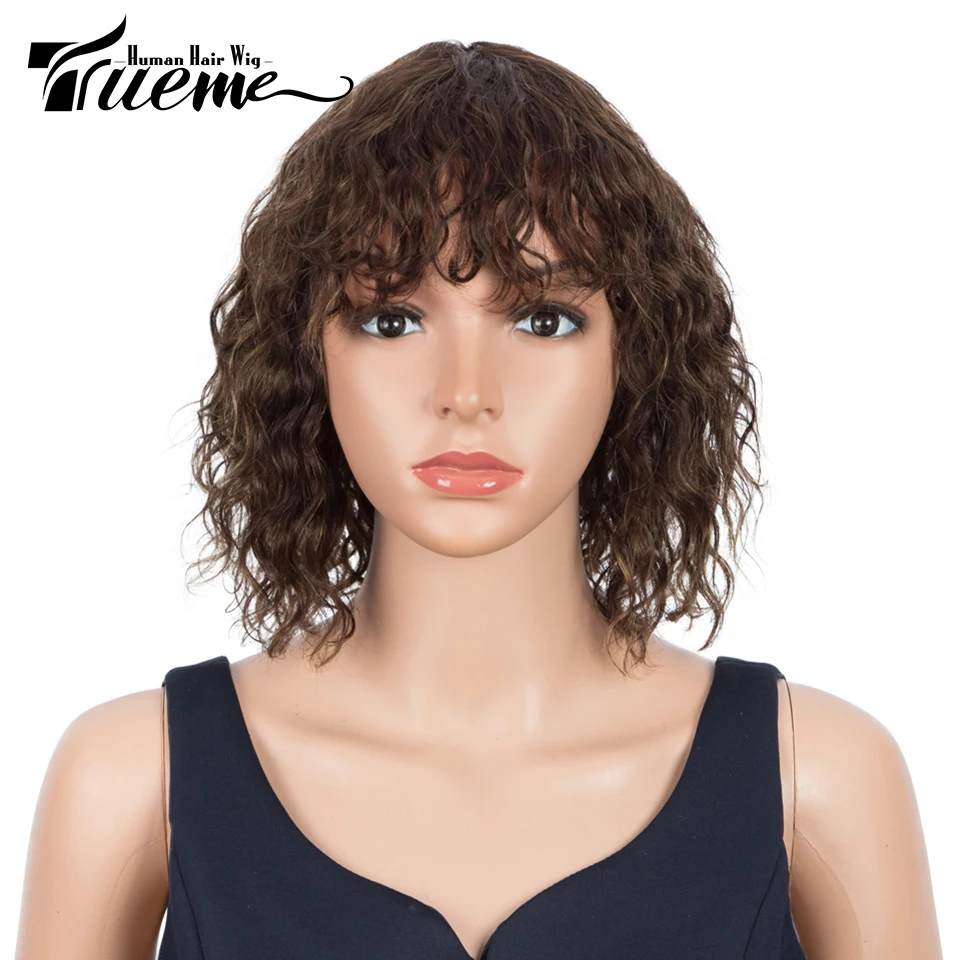 Trueme Short Wavy Wave Wig With Bangs Bob Full Wigs For Black Women Brazilian Ombre 99J Brown Color Remy Fashion Wig Mix Color