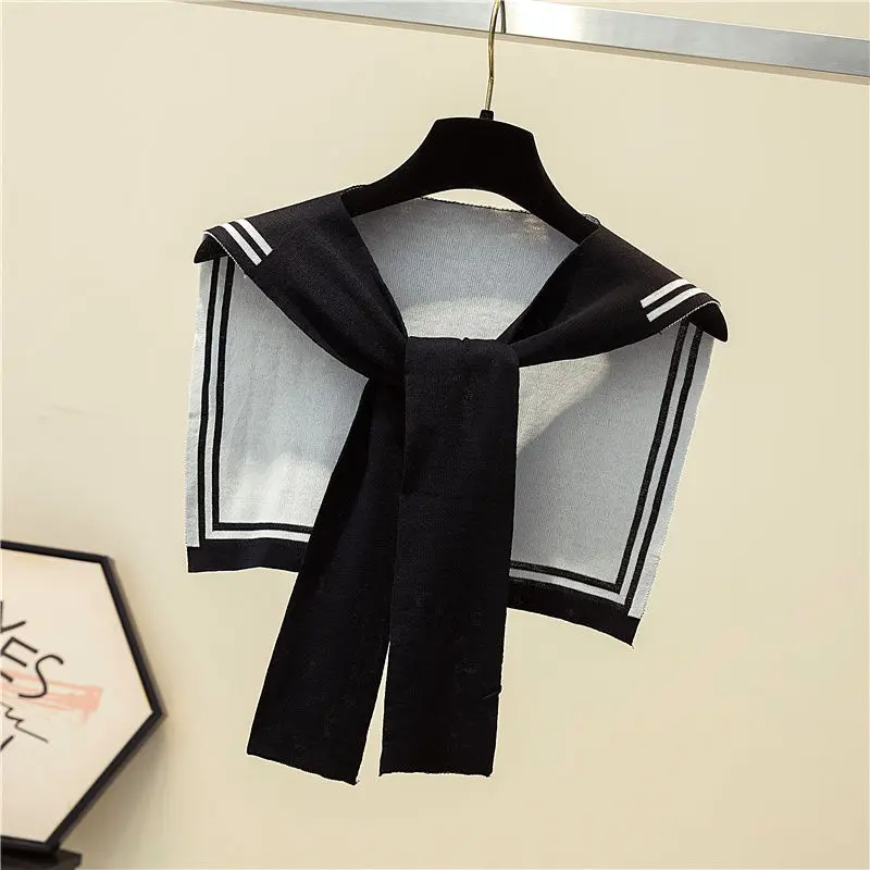 Korean College Navy Stripe Wool Knit Shoulder Cape Knotted Warm Shawl Summer Air Conditioned Room Protect Neck Woman\'s Scarf T56