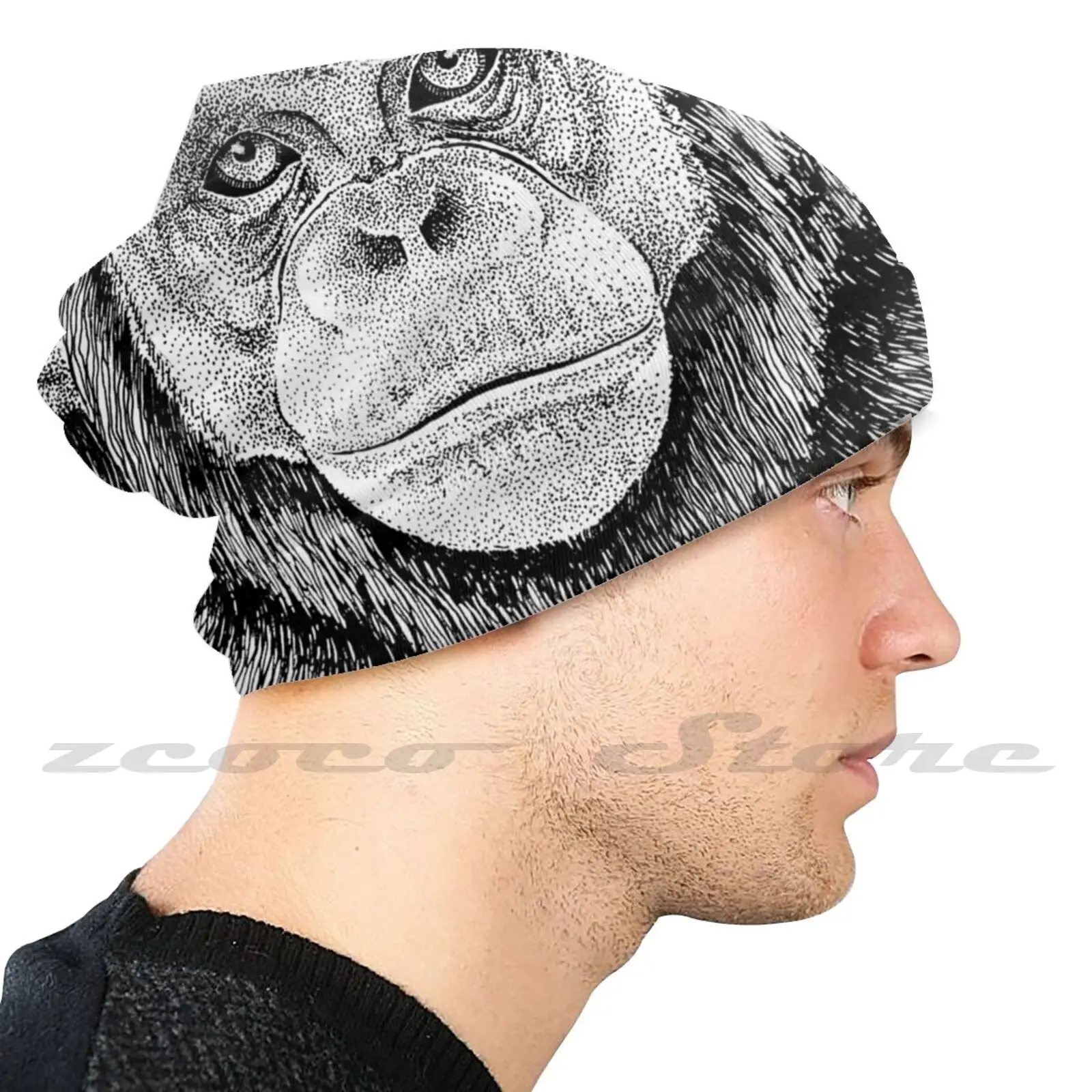 Chimpanzee Chimp Drawing Knit Hat Elastic Soft Personalized Pattern Present Cap Chimp Chimpanzee Primate Animals Zoo Wild