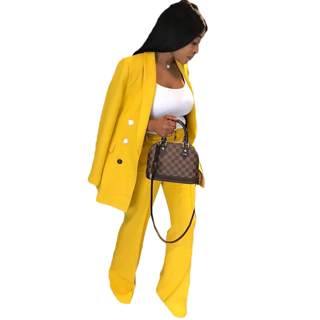 Two Piece Women Business Blazer Set Office Lady Yellow Double Breasted Mother of the Bride Pants Suits 2 Pieces