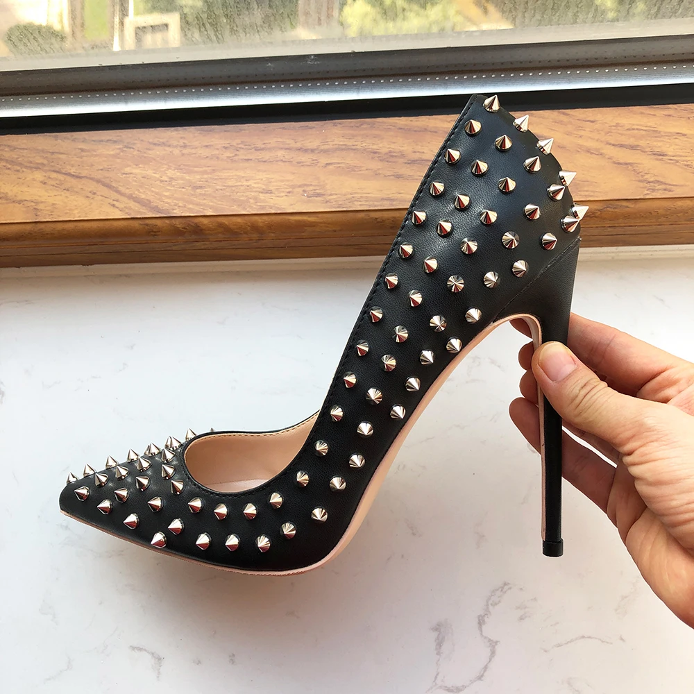 Tikicup Silver Spikes Women Black Matte Sexy Stiletto High Heels Ladies Wild Party Club High Heel Shoes 8cm 10cm 12cm Customize