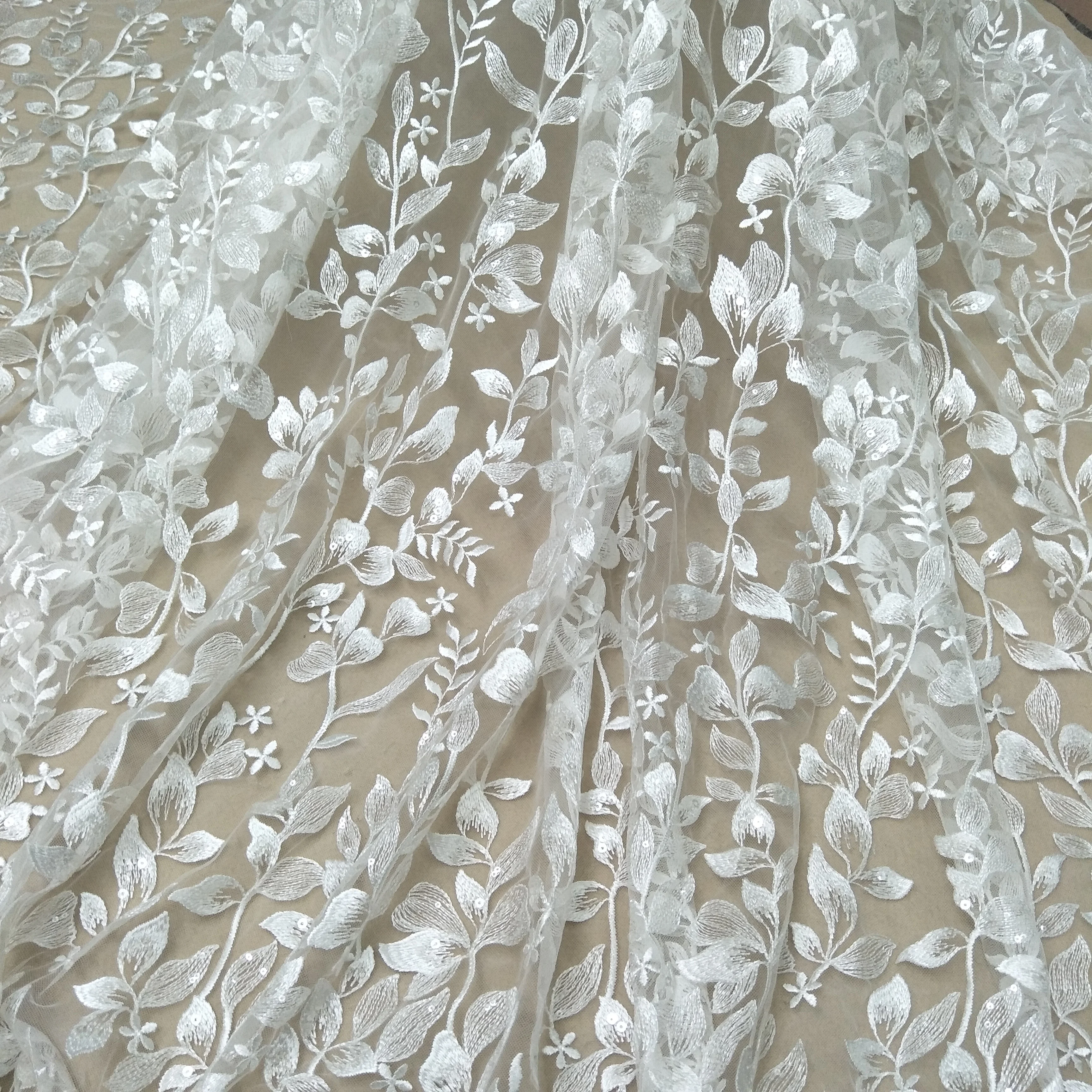 Fashion wedding gown dress lace fabric 130cm width bridal dress lace sequins fabric sell by yard