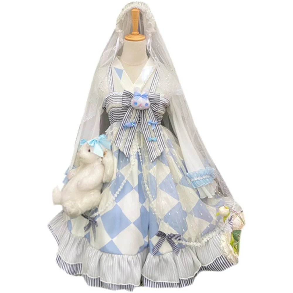 Vestido azul Kawaii Lolita Alice Rabbit Fairy Jsk para niñas, vestido de tirantes Loli Jsk, conjunto Haori de fiesta de té, vestidos de princesa Lo