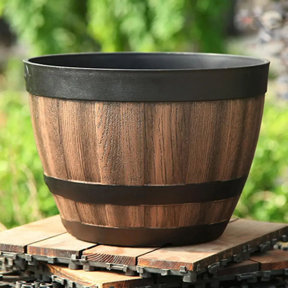 Imitation Wooden Barrel Plastic Flower Pot Imitated Wood Planting Barrel gardens terraces and imitation wooden barrel designs