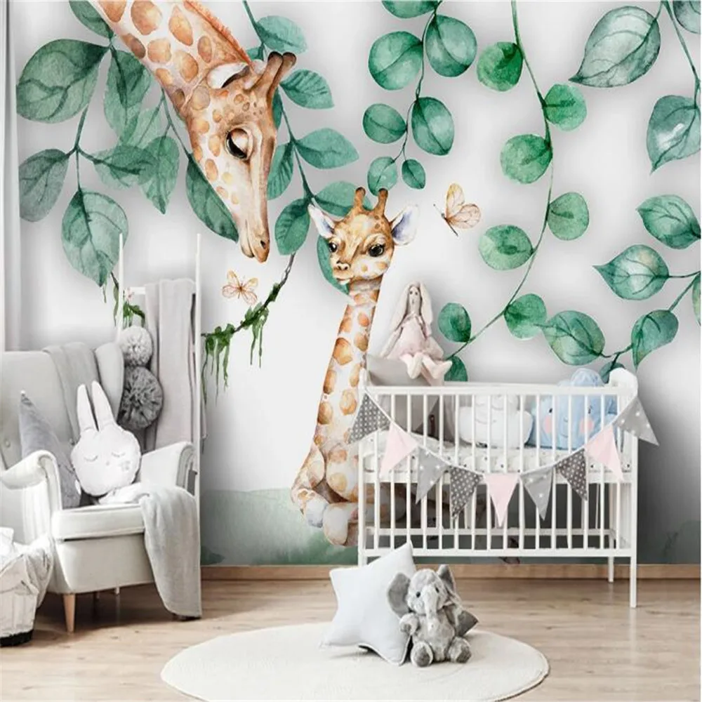 Milofi custom 3D wallpaper mural Nordic minimalist leaves cute animal giraffe children's house background wall