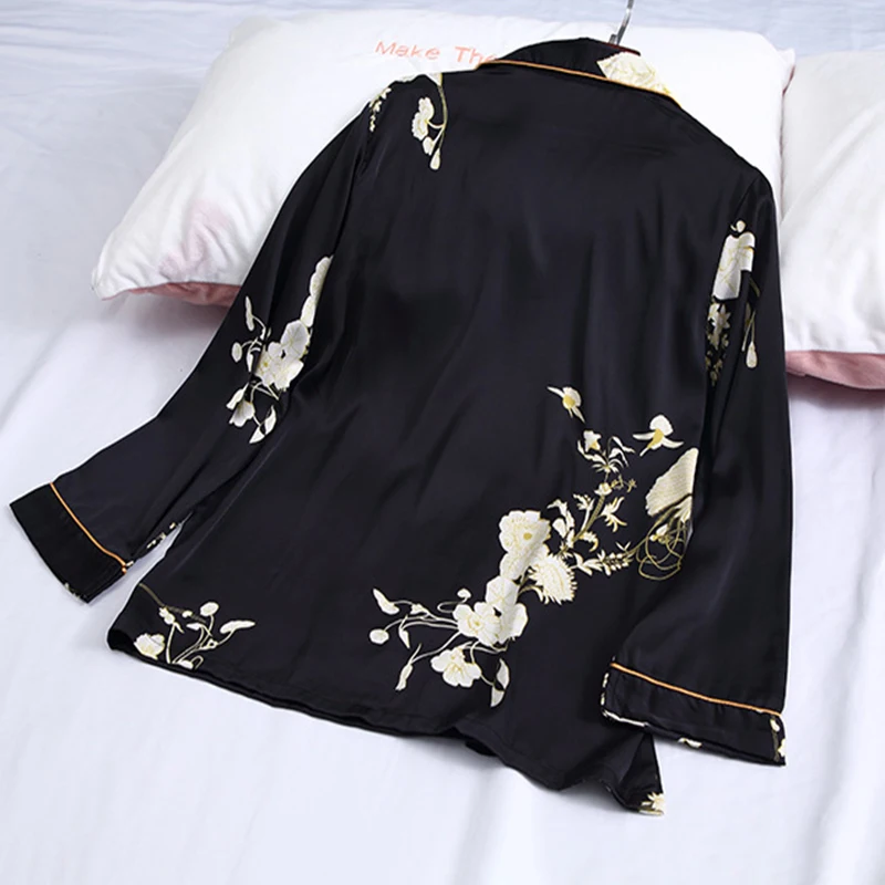 Pajamas-Sets Nightwear Sleepwear Suits Spring Women Large-Size PJS Silk Satin Long-Sleeve Lingeries Femme Pijama Printing 2Piece