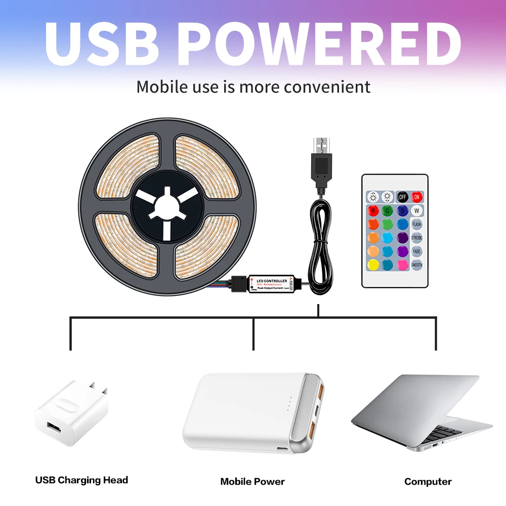 USB LED Strip RGB Flexible Light 5V Led TV HDTV Background RGBW LED Tape Neon Lighting 24 Keys Remote Control Color Changeable