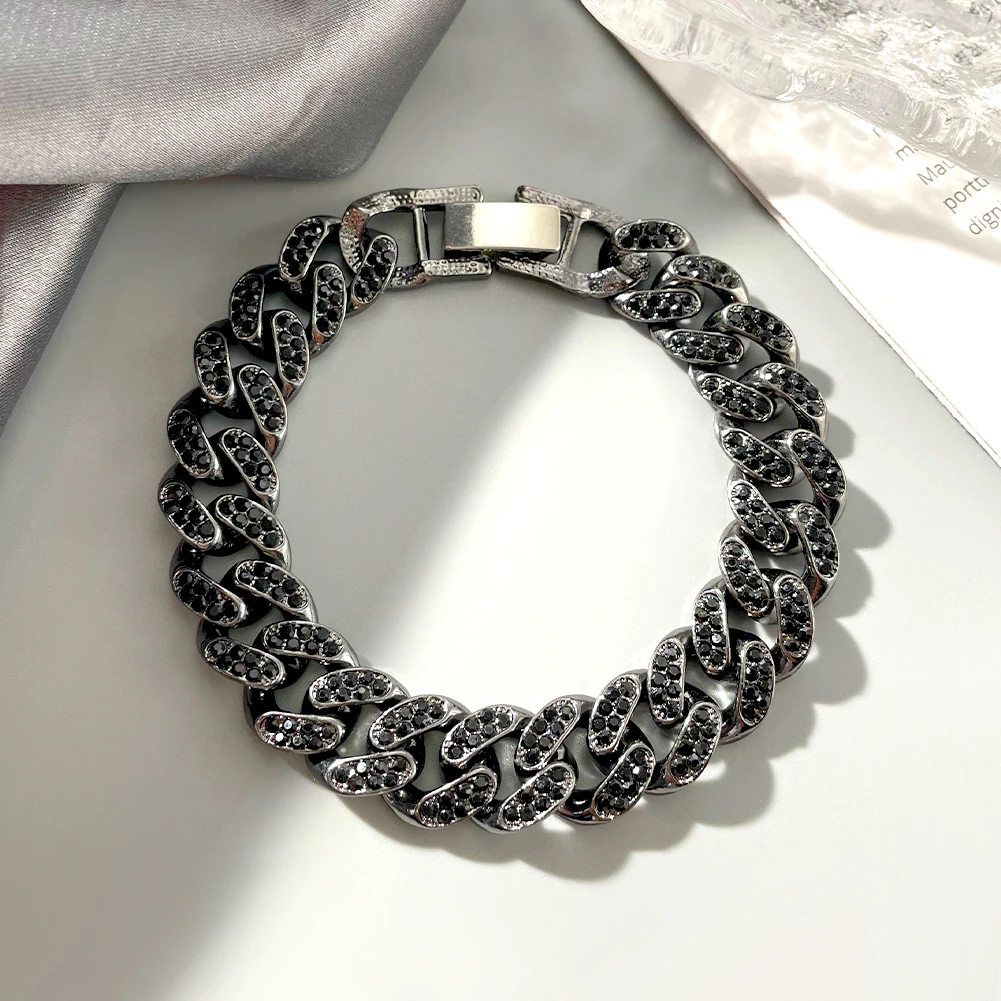 13mm Black Rhinestone Cuban Chain Necklace For Women Men Hip Hop Iced Out Crystal Link Chain Chunky Choker Necklace Punk Jewelry