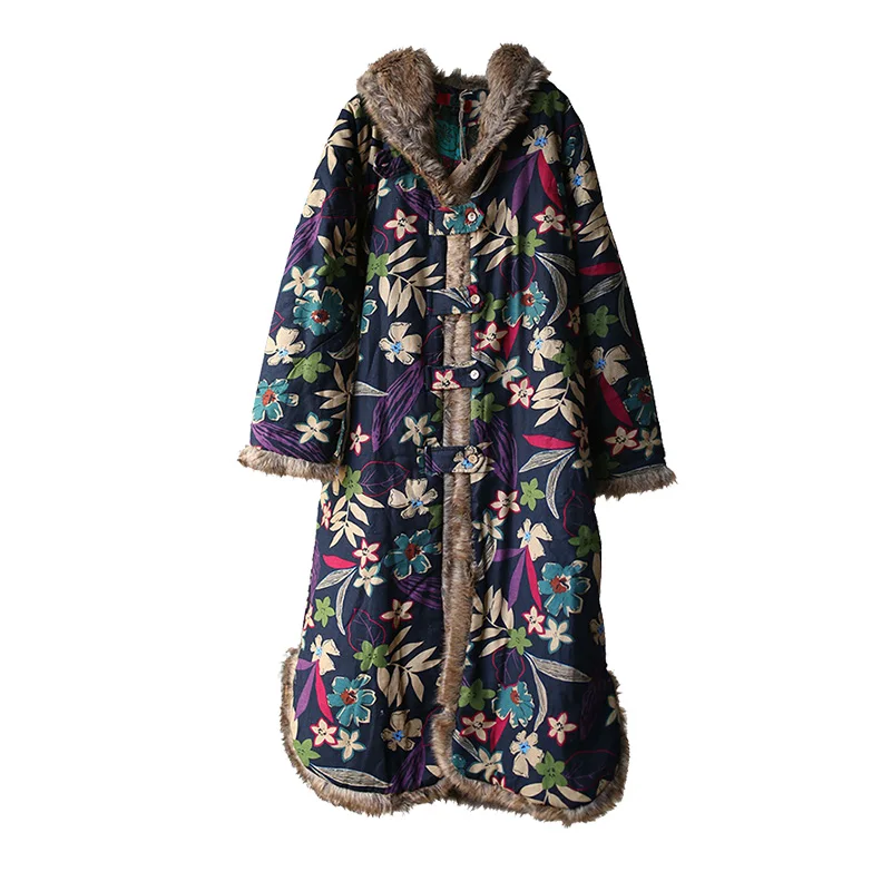 Free Shipping Vintage Cotton And Linen Long Mid-calf Coat Women Outerwear Full Sleeve Single Breasted  Print Warm Winter Thick