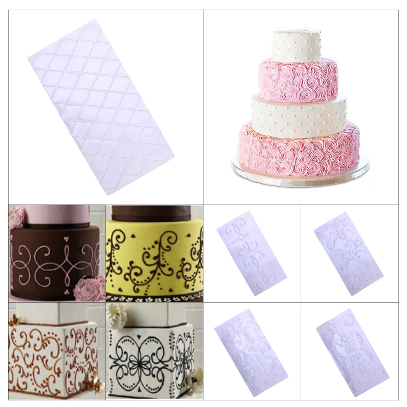 FAIS DU 4pcs/Set Grid Transparent Texture Mat Fondant Cake Plaid Embossed Baking Texture Decoration Mold Cake Tools