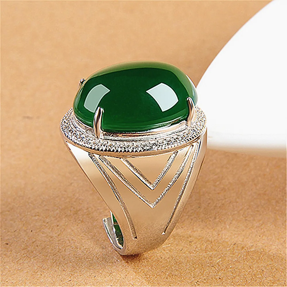 Oval green jade gemstones rings for men zircon diamonds white gold silver color jewelry masculine vintage royal band Arabia gift