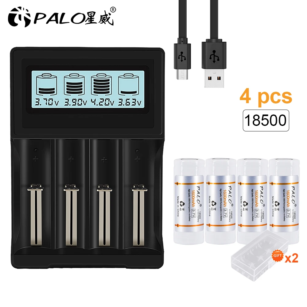 18500 rechargeable battery 3.7V li-ion 1600mAh and 4 slots smart charger for 3.7V lithium 14500 16340 18500 18650 21700size