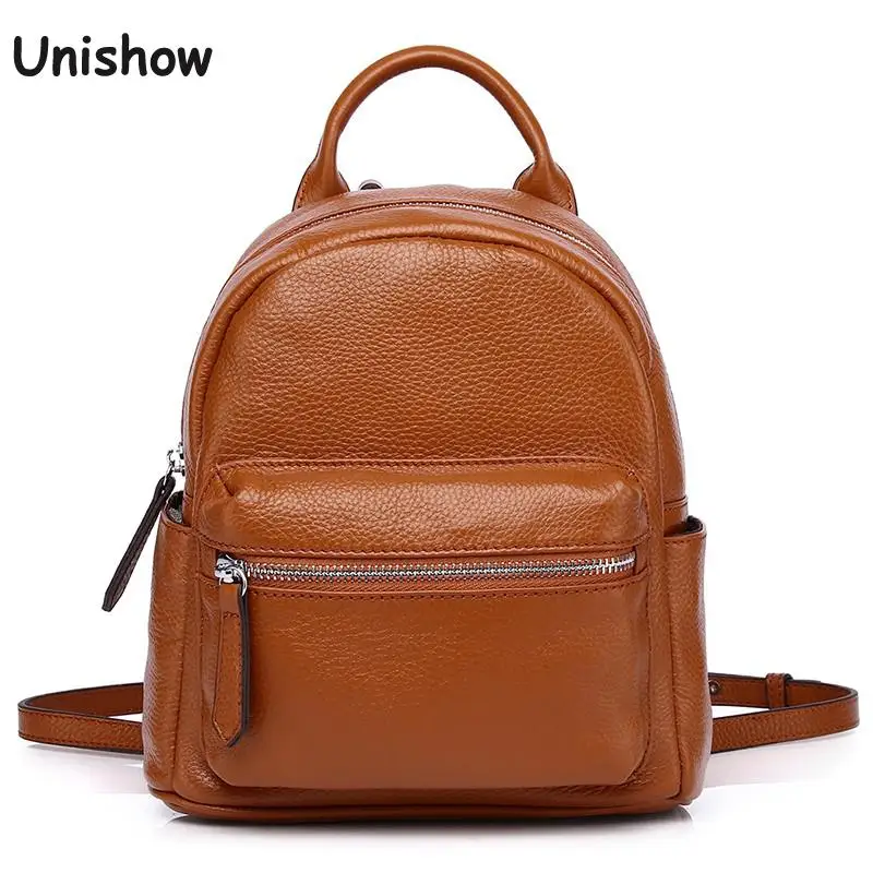 Unishow couro genuíno das mulheres mochila pequena senhora de couro bagpack marca designer mochila de viagem de couro