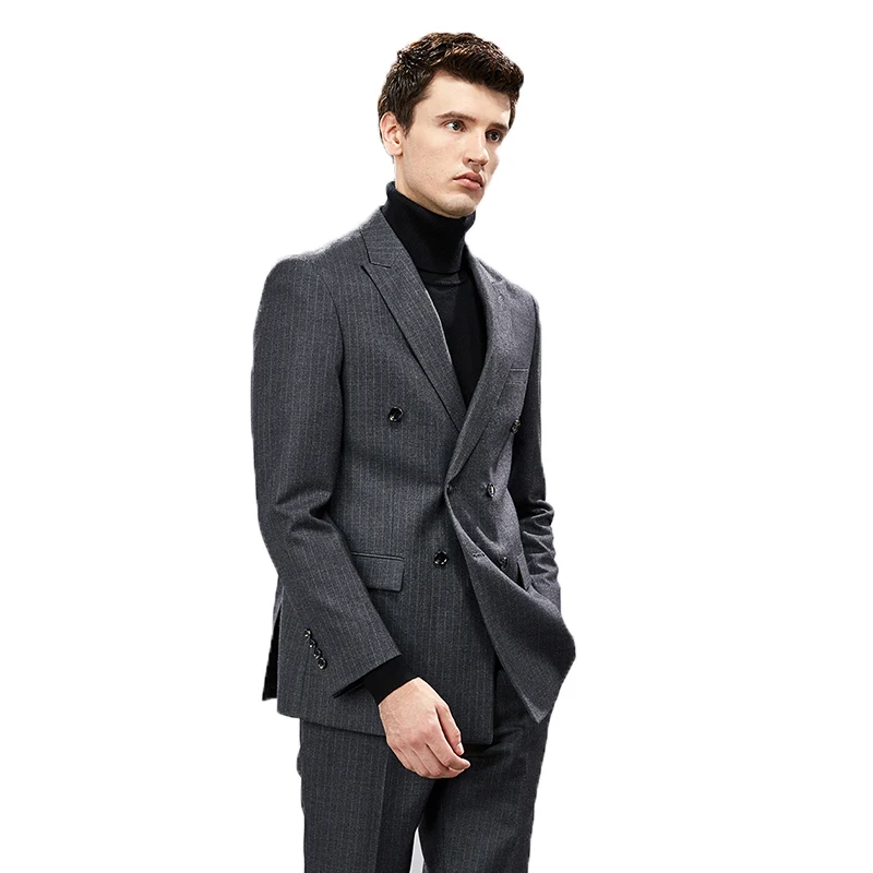 2020 Newest Winter Dark Grey Double Breasted 2 Pieces Men\'s Suit Slim Striped Clothes For Groom Wedding Best Man(Jacket+Pants)