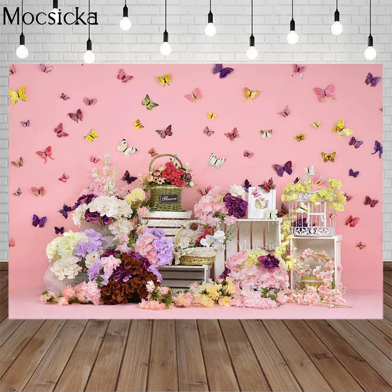 

Mocsicka Newborn Photocall Spring Flower Color Butterfly Pink Wall Child Birthday Portrait Backdrop Baby Shower Photo Background