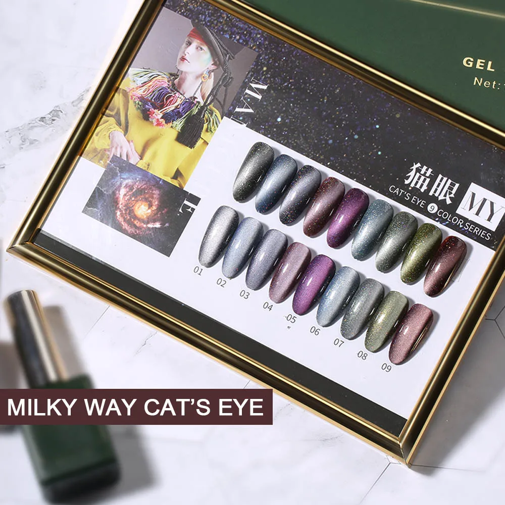 Vendeeni 15ml 9 Kolorów/zestaw Brokatowy Galaktyczny Lakier Hybrydowy do Paznokci Efekt Kociego Oka UV Błyszczący Magnetyczny Lakier z Kolorowym Kartoteczkiem BEZ TPO/HEMA