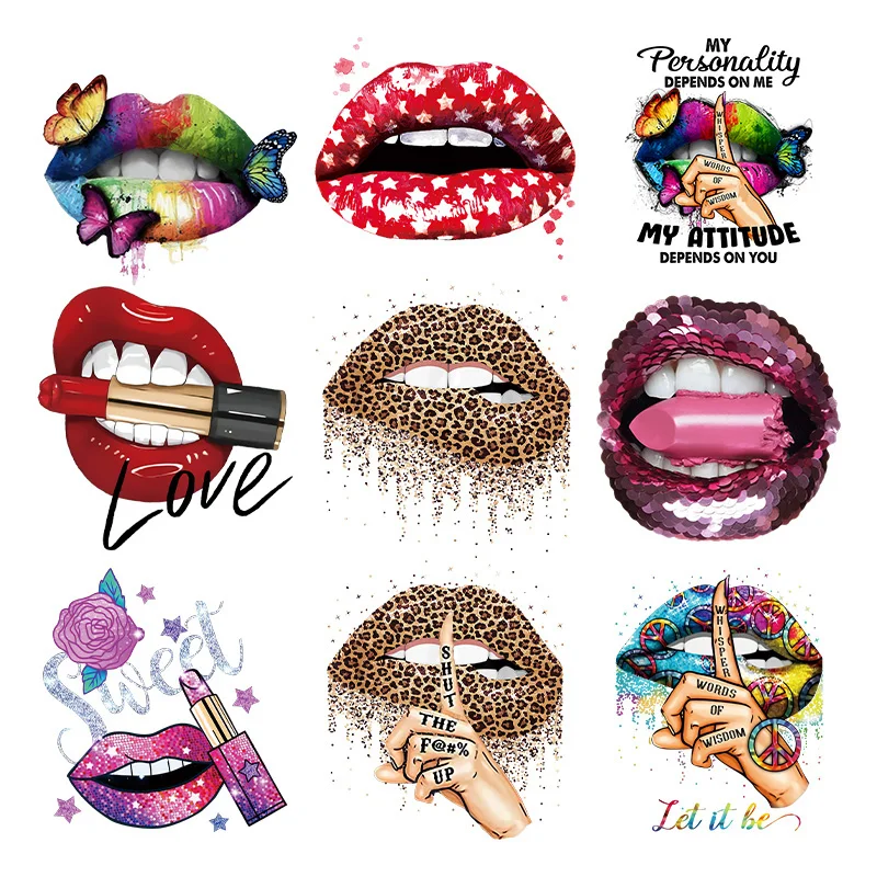 Hot Leopard Print Lips Patches for Clothes Heat Transfer Thermal Stickers DIY Women T-Shirts Iron on Transfer Girls Lips Patches