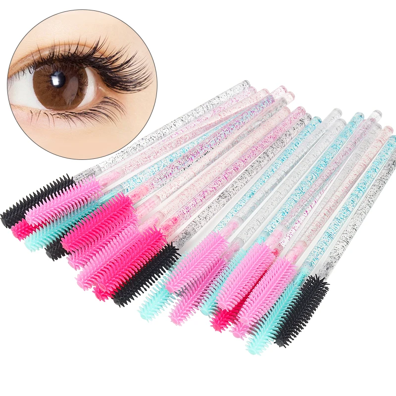 Brosse de maquillage en cristal, poignée en diamant, brosses à sourcils en Gel de Silicone, peigne à cils, Mascara, outils d'extension de cils, 50 pièces