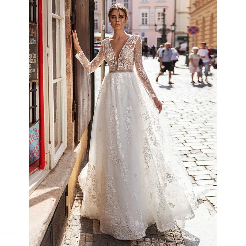 Thinyfull elegante sem costas vestidos de casamento a linha v pescoço até o chão vestidos de noiva tule apliques renda novia 2020