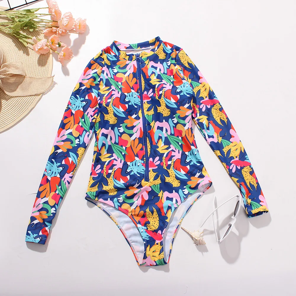 BLESSKISS Long Sleeve Swimwear Women 2024 Zipper Padded One Piece Swimsuit Ladies Printed Floral Thong Bathing Suit Swim Suit