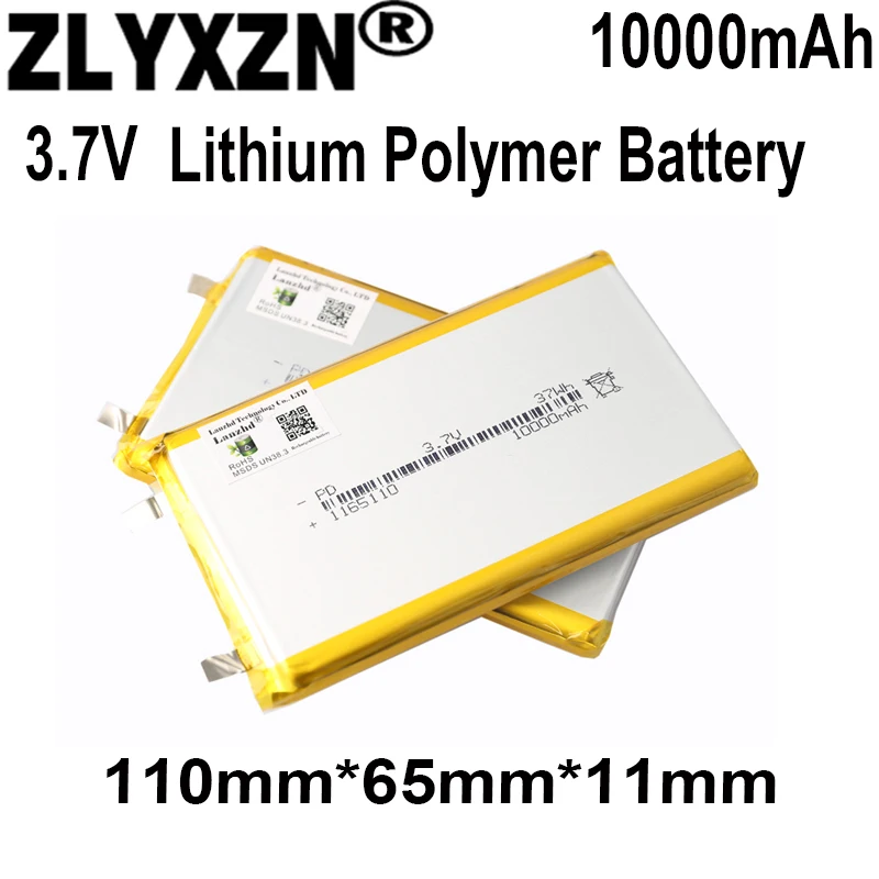3.7V Li Polymer Battery 10000mAh 110*65*11mm Soft package battery For Power Bank Bluetooth Speakers Tablet DVD battery 1165110