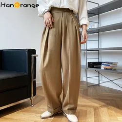 HanOrange Hohe Taille Haken Schleife Anzug Hosen Frauen Frühling Herbst Lose Breite Bein Wischen Hosen Schräge Knopfleiste