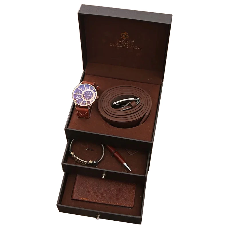 Men Luxury Gift Set Box Fashion Business Watch Leather wallet belt Men's Bracelet Keychain Ballpoint Pen Present for Men Fathers