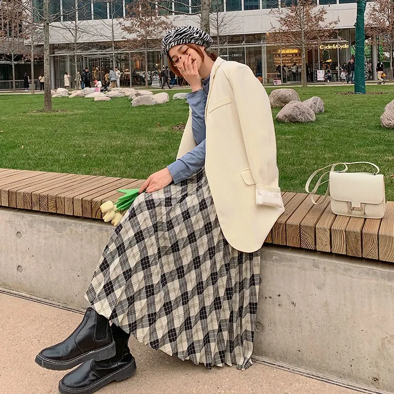 Women's Elegant Plaid Pattern Midi Skirt Korean Fashion High Waist Pleated Thickened Checked A-Line Skirts 2024 Winter Sk964