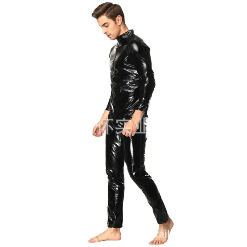 S-4XL Wet Look Catsuit Long Sleeve Close Zipper Open Crotch Bodysuit Sexy Tights Jumpsuit Mens Hot Shapers Leotard Body Clubwear