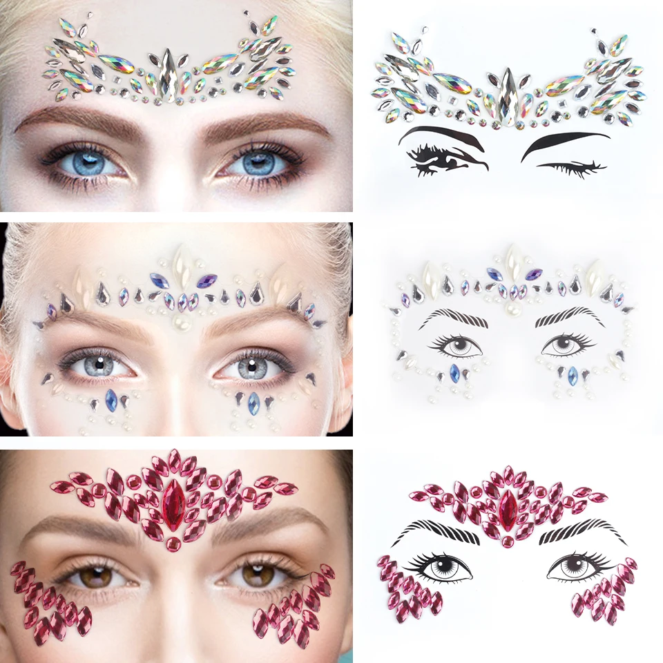 3D Sexy Face Tattoo Stickers Shiny Face Decoration Glitter Fake Tattoo Rhinestones Trendy Acrylic Drill Temporary Tattoo Sticker