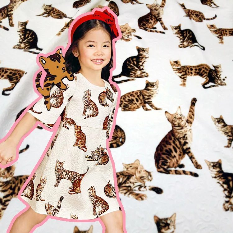 145cm Width Fashion Cartoon Cat Printed Thin Jacquard Fabric For Women Dress Coat DIY Cloth Sewing Material