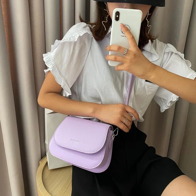 Yogodlns Trendy Sattel Schulter Tasche Frauen PU Leder Umhängetasche Einfache Feste Farbe Klappe Umhängetasche Designer Handtaschen Beutel – Detail 10