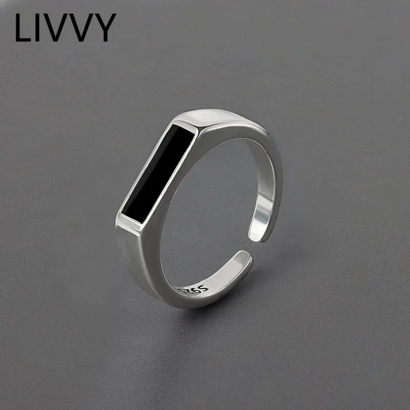 LIVVY Silver Color  Geometric Black Adjustable Ring Minimalist Fine Jewelry For Women Party Gift 2021 Trend