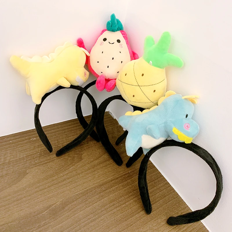 Fluffy Cute Cartoon Animal Fruit Dinosaur Dolphin Pineapple Carrot Cloth Headwear For Women Wide Side Headbands Hair Hoop