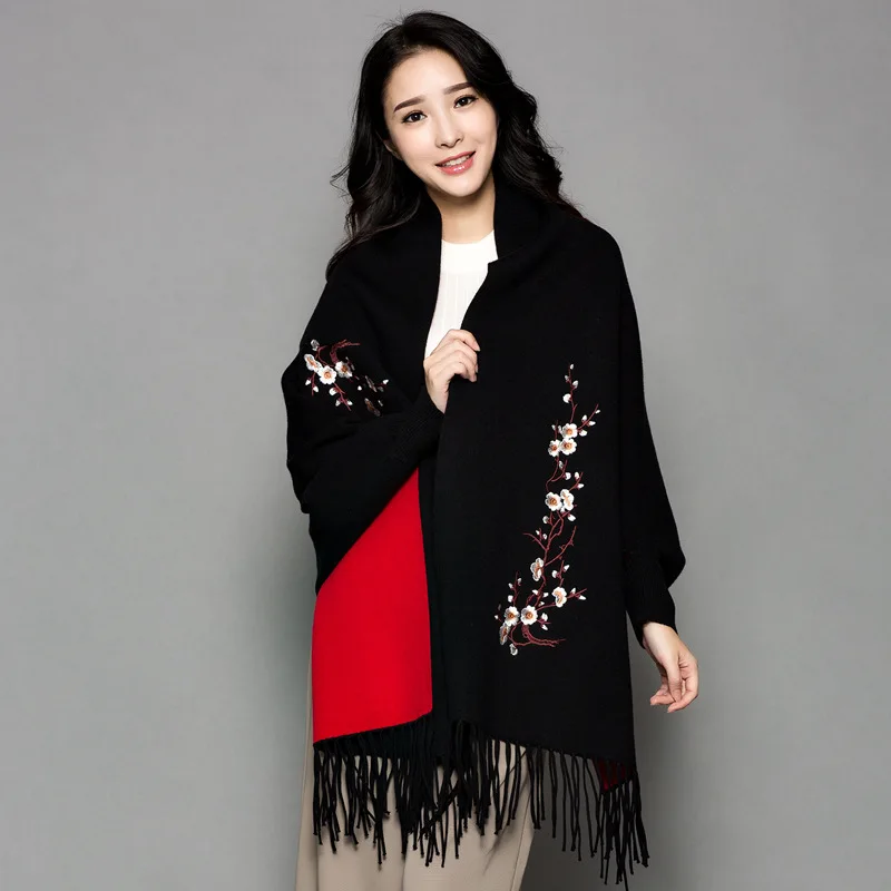 Outstreet Wear Loose Cape Winter Knitted Poncho Women Batwing Sleeves Embroidered Plum Blossom Cardigan Tassel Long Cloak