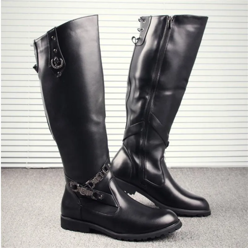 New Arrival Black Long Knee Boots Men Round Toe Buckle High Top Casual PU leather Shoes Man Motorcycle Boots Size 38--44